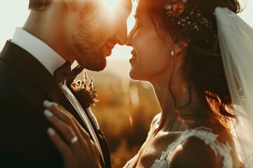 Extreme close-up of a bride and groom sharing a kiss, their faces aglow with happiness and love, bathed in sunlight, representing the pinnacle of marital bliss and unity 03 - obrazy, fototapety, plakaty