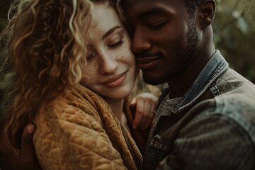 Detailed shot of a couple's loving embrace, representing diverse backgrounds, surrounded by nature's beauty, their faces glowing with happiness and excitement 02