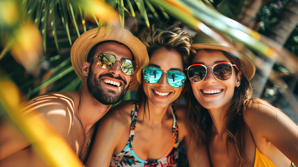 Portrait of group of friends, happy people spending time in tropical place, in an amazing summer mood. Tropical travel, summer vacation background concept.