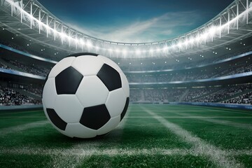 StockImage Soccer ball at stadium ready for match, capturing the anticipation and excitement of sports events