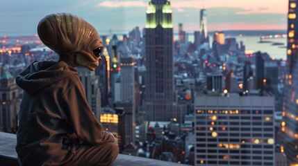 Cinematic image of an amicable alien admiring the breathtaking skyline of New York from a rooftop terrace, with skyscrapers and city lights twinkling in the softly blurred background 01