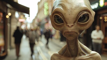 Cinematic image of an amiable alien wandering through the charming streets of Covent Garden in London, with quaint shops and bustling crowds softly blurred in the background 02 - obrazy, fototapety, plakaty