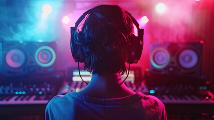 Cinematic image of a friendly student absorbed in music, wearing a headset, surrounded by futuristic technology, with soft, diffused lighting 02
