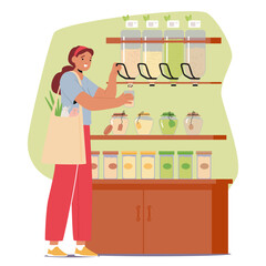 Woman Character With An Eco Bag Purchases Sustainable Products In The Market Store, Buying Cereals, Vector Illustration