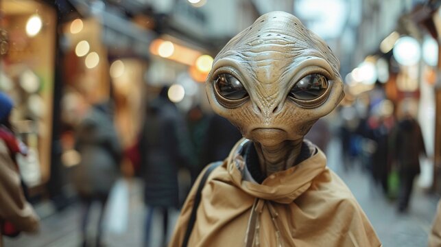 Cinematic image of an amiable alien wandering through the charming streets of Covent Garden in London, with quaint shops and bustling crowds softly blurred in the background 03