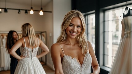 Naklejka premium Beautiful blonde bride trying on wedding dresses in the store