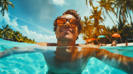 Portrait of smiling man swimming in swimming pool in a tropical resort, amazing summer mood. Tropical travel, summer vacation background concept. - obrazy, fototapety, plakaty