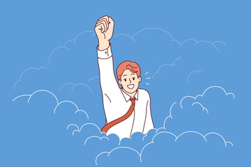 Business man superhero takes off raising hand up demonstrating motivation and ambition for career growth. Successful guy with leadership qualities and professional skills to achieve career growth - 785548480