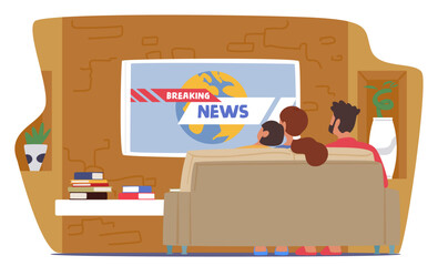 Family Characters Sitting on Couch, Gathers At Home for Watching Tv News Together, Sharing Updates, Opinions