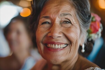 Close-up shot of an older woman's radiant smile in a wedding photo, capturing the timeless joy of...
