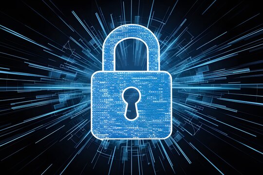 StockPhoto Blue padlock icon representing cyber security and digital data network protection in abstract background