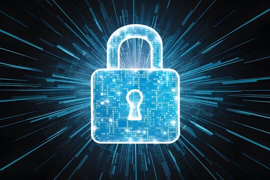 StockPhoto Blue padlock icon representing cyber security and digital data network protection in abstract background