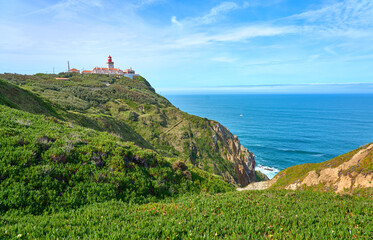 Lighthouse on Cabo da Roca, the western most spit of Europe near Cascais at the atlantic ocean...