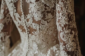 Close-up shot highlighting the intricate lace details of the bride's gown, accentuating its elegance and sophistication