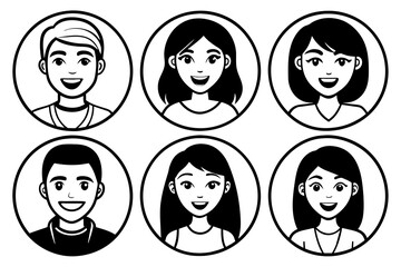 Flat vector illustration set of smiling human circle portraits, representing both female and male in