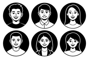 Flat vector illustration set of smiling human circle portraits, representing both female and male in