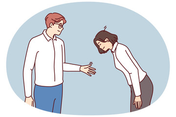 Young businessman extends hand to bowing woman as token of gratitude for job well done or good business offer. Asian girl in formal wear bow while greeting business partner or corporation boss - 785548631