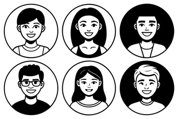 Flat vector illustration set of smiling human circle portraits, representing both female and male in