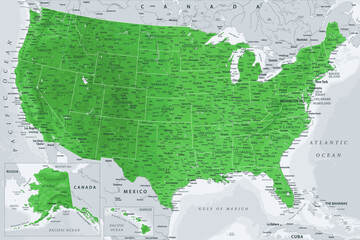 United States - Highly Detailed Vector Map of the USA. Ideally for the Print Posters. Emerald Green Grey Colors. Relief Topographic - obrazy, fototapety, plakaty
