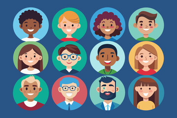 Flat vector illustration set of smiling human circle portraits, representing both female and male in