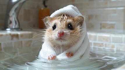   A hamster in a towel-wrapped head sits in a sink, next to a faucet