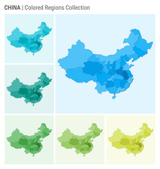 China map collection. Country shape with colored regions. Light Blue, Cyan, Teal, Green, Light Green, Lime color palettes. Border of China with provinces for your infographic. Vector illustration.