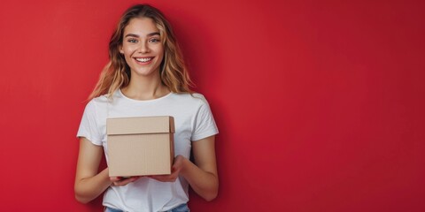 Happy woman in white t-shirt holding paper box on red background. Generative AI