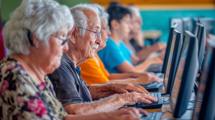 Senior Citizens Engaged in Learning Computer Skills at a Modern Technology Class