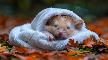 Obraz premium A small orange-and-white kitten, swaddled in a white towel, rests atop a mound of orange and green leaves