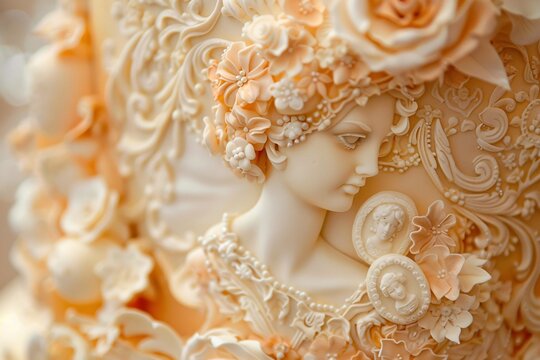 Close-up of a vintage-inspired wedding cake adorned with lace appliques, sugar cameos, and ornate fondant scrolls, evoking the timeless romance of a bygone era