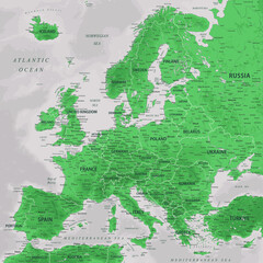 Europe - Highly Detailed Vector Map of the Europe. Ideally for the Print Posters. Emerald Sapphire Green Grey Colors. Relief Topographic and Depth