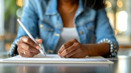 A close up of a woman's hands writing on a piece of paper.