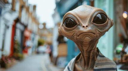 Cinematic photo of an amiable extraterrestrial exploring the enchanting streets of Notting Hill in London, with colorful houses and charming boutiques softly blurred in the background 01
