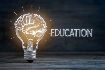 The brain in a light bulb and education word 3D rendering photo, symbolizing bright ideas and learning