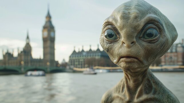 Cinematic snapshot of a cheerful extraterrestrial enjoying a scenic stroll along the South Bank of the Thames in London