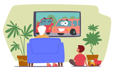 Granny And Boy Enjoy Cartoons Together At Home, Laughing At Colorful Characters And Sharing Joy, Vector Illustration