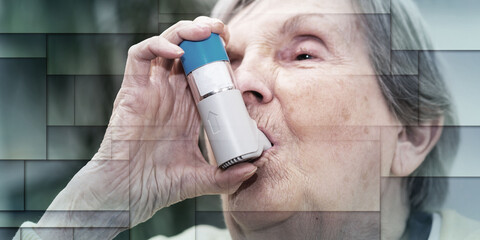Old woman using an asthma inhaler, geometric pattern - obrazy, fototapety, plakaty