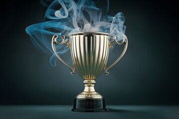 Trophy cup on dark background with smoke in 3D rendering, symbolizing victory and achievement