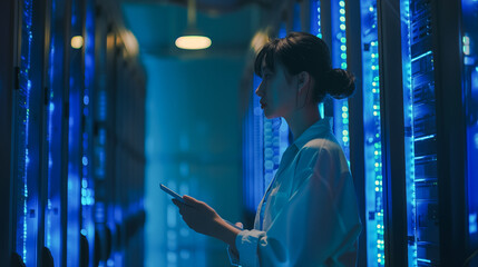 person in server room standing and facing the servers, the server room with blue lighting and rows of installations on both sides - obrazy, fototapety, plakaty