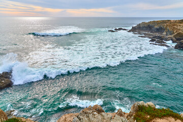 land and seascape at the rocky coastline of the Atlantic Ocean near Porto Covo near Sines, Portugal, Europe - 785549600