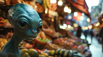 Cinematic moment of a curious alien exploring the vibrant stalls of Borough Market in London, with fresh produce and delicious treats softly blurred in the background 02 - obrazy, fototapety, plakaty