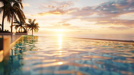 Blurry scene of a premium hotel pool with a view of a pristine beach at sunset, no one in sight 01