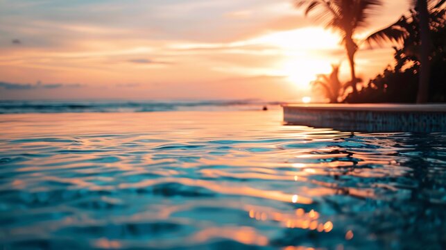 Blurry scene of a premium hotel pool with a view of a pristine beach at sunset, no one in sight 02