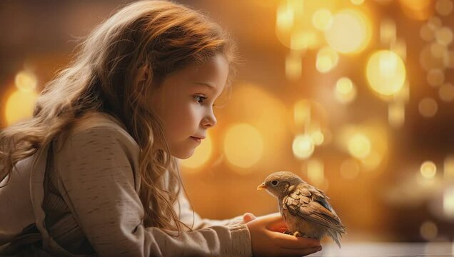 Child girl gently holding a small bird in her hands 