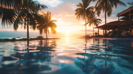 Blurred perspective of a luxurious hotel pool with a view of a stunning beach at sunset, nobody around 03