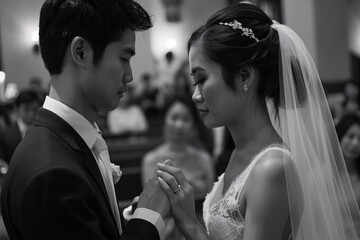 A tender moment captured as the bride and groom exchange rings, symbolizing their eternal commitment and love