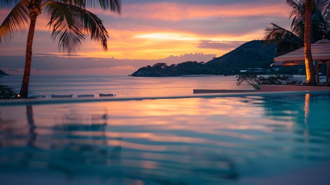 Blurred view of a luxurious hotel pool overlooking a paradisiacal beach at sunset with no one in the image 01