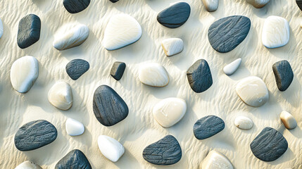 Black and White Pebbles on Textured Sandy Beach