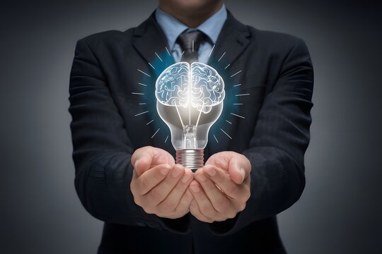 view Businessman holding light bulbs with futuristic brain inside, representing innovative idea concept
