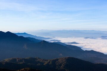 North Thailand mountain landscape. View from Doi Inthanon mountain. Mountains and cloud sea. Early morning and the sea of mist.